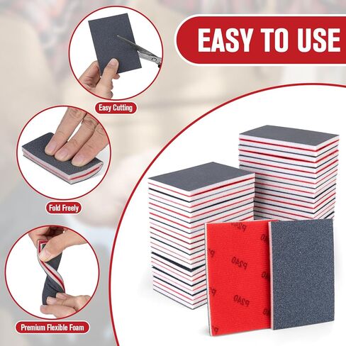 72Pcs Sanding Sponges 80-3000 Grit - Wet/Dry Sandpaper Sponge for Drywall, Wood, Metal, Glazing, Hook & Loop Backing for Hand Sanders, Oxidized Aluminum Abrasive, Flocked Surface in Kuwait