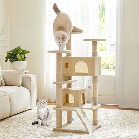 DUMOS 54-inch Indoor Cat Tree Tower –Multi-Level Pet House for Large Cats with 2 Condos, Scratching Posts, Round Platform, Small Ladder, and Toys, Beige in Kuwait