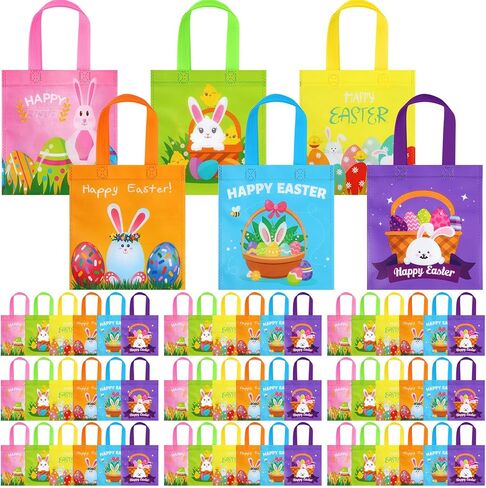 Sweetude 60 Pcs Easter Tote Bags Bulk Easter Gift Bags Easter Treat Bags with Handles Reusable Easter Non Woven Bags Easter Goodie Bags Easter Party Favor Bags for Party Supplies in Kuwait