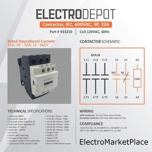 قواطع 30 أمبير حثي، 50 أمبير مقاوم 3 أقطاب 120 فولت تيار متردد، الإضاءة والتحكم في المحرك، حامل DIN، اتصال مساعد NO/NC in Kuwait