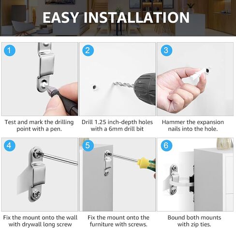 [4 عبوات] مثبتات أثاث مضادة للطرف لحماية الأطفال والسلامة من الزلازل - رفوف الملابس الآمنة، وخزائن الملابس على الحائط مع أشرطة التثبيت والسحابات in Kuwait