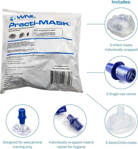 منتجات WNL 5000TMV-COMBO CPR لتدريب البالغين/الأطفال والرضع - قناع عملي ومجموعة صمامات، 5 أقنعة للكبار/الأطفال، 5 أقنعة للرضع، و5 صمامات تناسب جميع أقنعة تدريب WNL in Saudi Arabia