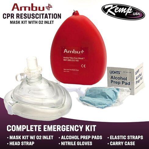 Ambu A/S Res-Cue CPR Resuscitation Mask Kit with O2 Inlet One-Way Valve Filter Head Strap Gloves Wipe Adult Child Emergency Barrier Breathing Protection Hard Case Storage in Kuwait