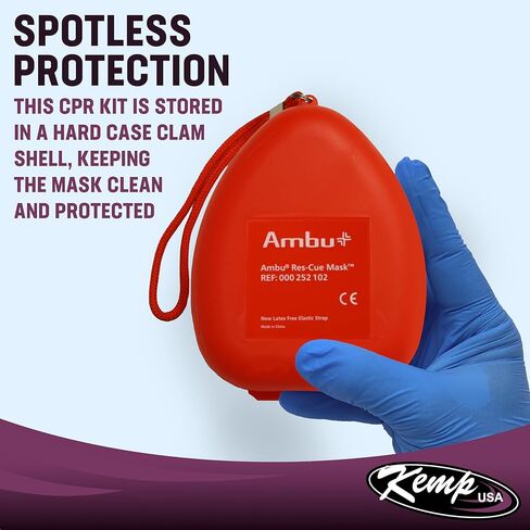 Ambu A/S Res-Cue CPR Resuscitation Mask Kit with O2 Inlet One-Way Valve Filter Head Strap Gloves Wipe Adult Child Emergency Barrier Breathing Protection Hard Case Storage in Kuwait