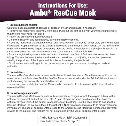 Ambu A/S Res-Cue CPR Resuscitation Mask Kit with O2 Inlet One-Way Valve Filter Head Strap Gloves Wipe Adult Child Emergency Barrier Breathing Protection Hard Case Storage in Kuwait