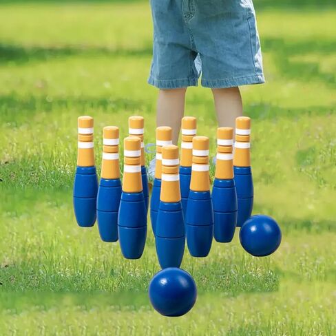 Wooden Bowling Set Bowling Game Early Learning 10 Wooden Pins Wood Bowling Game in Kuwait