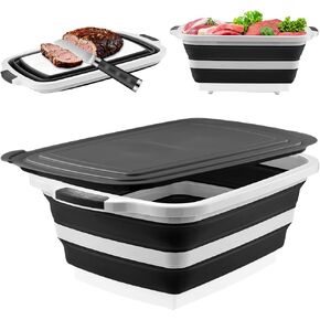 Collapsible BBQ Prep Tub with Cutting Board & Lid, Folding Food Container BPA-Free Heavy-Duty, Dishwasher Safe, Upgraded Drain Hole - for Camping, Grilling Outdoor Cooking (Black, XX-Large) in Saudi Arabia