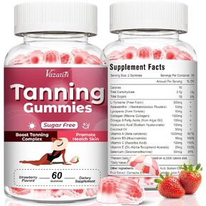 علكة تسمير البشرة خالية من السكر للنساء، تدعم البشرة المتألقة والصحية، وقوة إضافية مع أستازانتين الليكوبين وبيتا كاروتين والفيتامينات - تدعم تسمير البشرة بشكل أسرع، بنكهة الفراولة، 60 قطعة in Kuwait