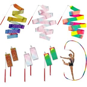 شريط رقص قوس قزح، 6 عبوات من 3 أنماط من أشرطة رقص قوس قزح - شريط جمباز إيقاعي 78.7 بوصة، عصا دوارة للرقص الفني in Kuwait