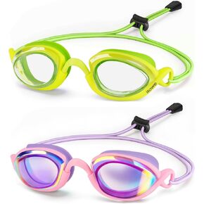 2 Pack Racing Swim Goggles with Bungee Strap, No Leaking Kids Swimming Goggles Age 6-14 Youth Chidren Anti-Fog HD View in Kuwait