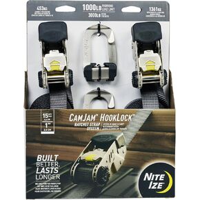 Nite Ize CamJam HookLock Ratchet Strap System - Adjustable, Heavy-Duty Tie Down Straps - Cargo Attachment with Spring-Actuated Hooks - Includes Ratchets, Hooks, Webbing & Storage - Large (2 Pack) in Kuwait