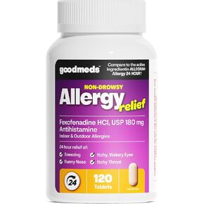 ValuMeds GoodMeds Compare to Allegra | Fexofenadine HCl 180mg | 24-Hour Allergy Relief, Non-Drowsy Antihistamine Generic Medicine for Allergies, Hay Fever, Itchy Eyes | for Kids & Adults (120 Count) in Kuwait