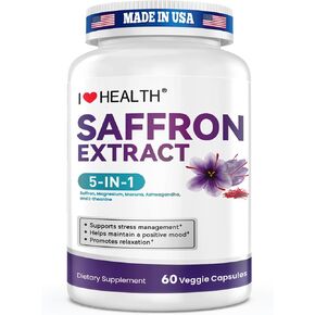 مكمل الزعفران - 88.5 مجم مع جليسينات المغنيسيوم والأشواغاندا والل-ثيانين لتخفيف التوتر والمزاج الهادئ والتوازن العاطفي - صنع في الولايات المتحدة الأمريكية - 60 كبسولة in Kuwait