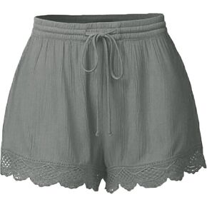 Women Solid Lace Trim Shorts Summer Cotton Linen Casual Shorts Loose Cozy Lace-Up Yoga Pant Flare Beach Shorts Girl in Saudi Arabia