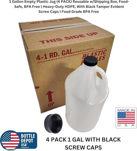 إبريق بلاستيكي سعة 1 جالون قابل لإعادة الاستخدام (4 عبوات) آمن للطعام، خالي من مادة BPA | HDPE عالي التحمل، مع أغطية لولبية سوداء واضحة | درجة الغذاء خالية من مادة BPA in Saudi Arabia