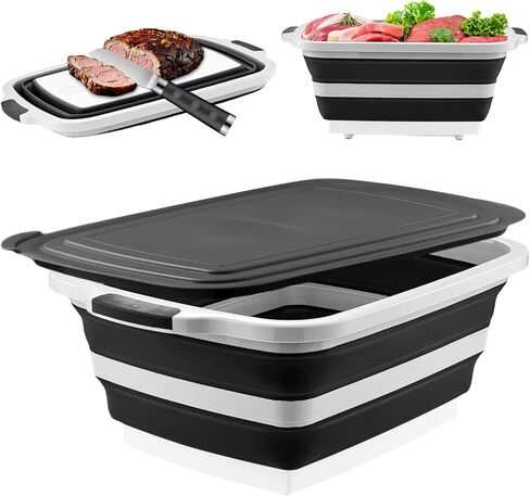 Collapsible BBQ Prep Tub with Cutting Board & Lid, Folding Food Container BPA-Free Heavy-Duty, Dishwasher Safe, Upgraded Drain Hole - for Camping, Grilling Outdoor Cooking (Black, XX-Large) in Saudi Arabia