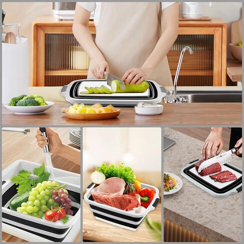 Collapsible BBQ Prep Tub with Cutting Board & Lid, Folding Food Container BPA-Free Heavy-Duty, Dishwasher Safe, Upgraded Drain Hole - for Camping, Grilling Outdoor Cooking (Black, XX-Large) in Saudi Arabia