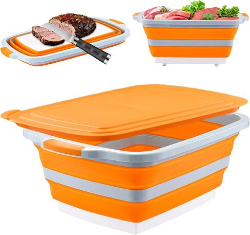Collapsible BBQ Prep Tub with Cutting Board & Lid, Folding Food Container BPA-Free Heavy-Duty, Dishwasher Safe, Upgraded Drain Hole - for Camping, Grilling Outdoor Cooking (Black, XX-Large) in Saudi Arabia