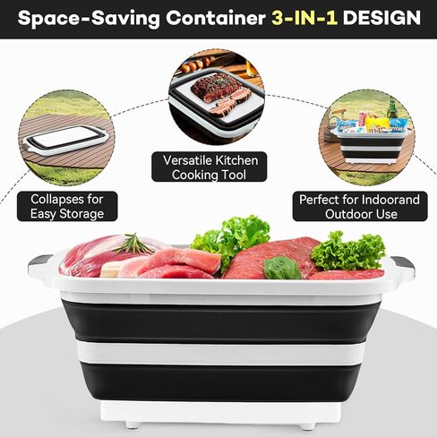 Collapsible BBQ Prep Tub with Cutting Board & Lid, Folding Food Container BPA-Free Heavy-Duty, Dishwasher Safe, Upgraded Drain Hole - for Camping, Grilling Outdoor Cooking (Black, XX-Large) in Saudi Arabia