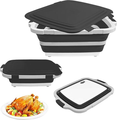 Collapsible BBQ Prep Tub with Cutting Board & Lid, Folding Food Container BPA-Free Heavy-Duty, Dishwasher Safe, Upgraded Drain Hole - for Camping, Grilling Outdoor Cooking (Black, XX-Large) in Saudi Arabia