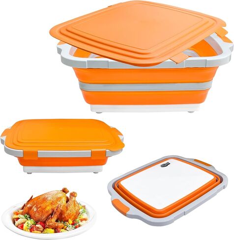 Collapsible BBQ Prep Tub with Cutting Board & Lid, Folding Food Container BPA-Free Heavy-Duty, Dishwasher Safe, Upgraded Drain Hole - for Camping, Grilling Outdoor Cooking (Black, XX-Large) in Saudi Arabia