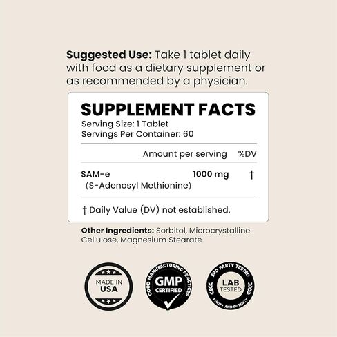 SAM-e 1000mg Per Tablet, 60 Servings of Pharmaceutical Grade, Non-GMO, Soy Free, Gluten Free, and Enteric Coated Tablets - SAM e Supplement for Brain, Joint, Liver, and Mood Support Supplement in Saudi Arabia