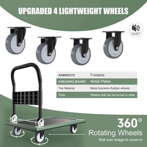 عربة دفع WUD، عربة منصة متنقلة قابلة للطي، سميكة ومعززة، عجلات دوارة 360 درجة، 35.4 بوصة طول × 23.6 بوصة عرض، 1100 رطل. عربة دوللي خضراء بعجلات in Kuwait
