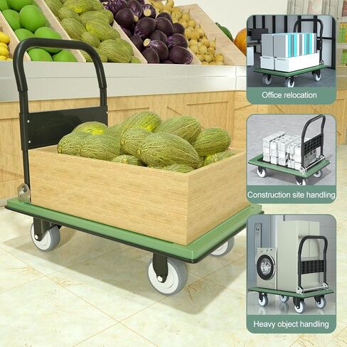 عربة دفع WUD، عربة منصة متنقلة قابلة للطي، سميكة ومعززة، عجلات دوارة 360 درجة، 35.4 بوصة طول × 23.6 بوصة عرض، 1100 رطل. عربة دوللي خضراء بعجلات in Kuwait