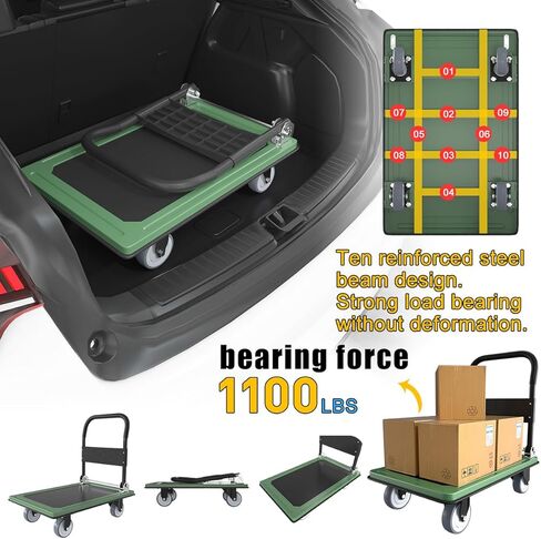 عربة دفع WUD، عربة منصة متنقلة قابلة للطي، سميكة ومعززة، عجلات دوارة 360 درجة، 35.4 بوصة طول × 23.6 بوصة عرض، 1100 رطل. عربة دوللي خضراء بعجلات in Kuwait