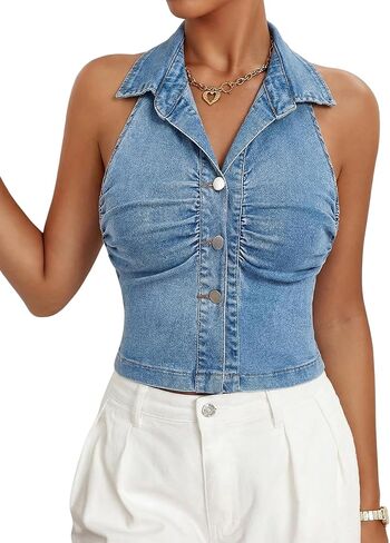 Milumia Women's Ruched Button Front Denim Halter Top Sleeveless Collar Neck Summer Crop Tops in Kuwait
