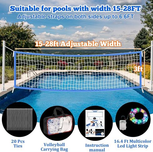 15 x 3FT Pool Volleyball Net with Light and Storage Bag,Adjustable Length 15ft-27ft Portable Pool Volleyball Net Replacement for Inground Pools,Light Up Pool Party Badminton Net for Backyard,Beach in Kuwait