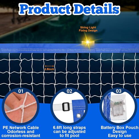 15 x 3FT Pool Volleyball Net with Light and Storage Bag,Adjustable Length 15ft-27ft Portable Pool Volleyball Net Replacement for Inground Pools,Light Up Pool Party Badminton Net for Backyard,Beach in Kuwait