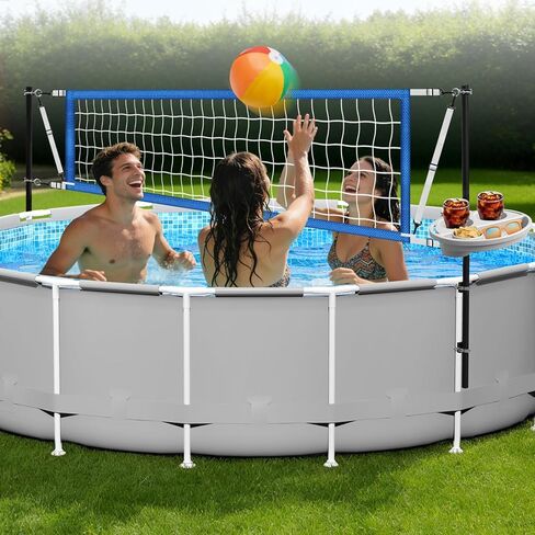 مجموعة شبكة الكرة الطائرة لحمام السباحة فوق الأرض مع صينية تخزين - شبكة مقاومة للترهل بطول 10-20 قدم قابلة للتعديل، وأعمدة، وكرة وإكسسوارات التثبيت - ألعاب مائية ممتعة للسباحة في الهواء الطلق للأطفال والبالغين والعائلة in Kuwait
