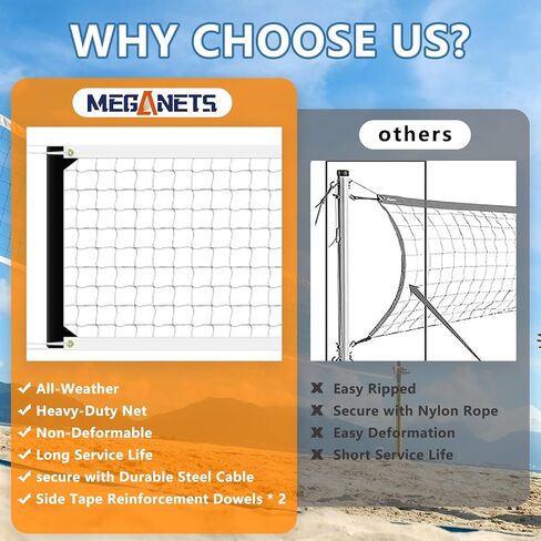 شبكة كرة طائرة بديلة شديدة التحمل في الهواء الطلق مع كابل فولاذي، شبكة كرة طائرة احترافية مقاس 32×3أقدام لشبكة كرة طائرة في الفناء الخلفي لحديقة حمام السباحة على الشاطئ (الشبكة فقط) in Kuwait