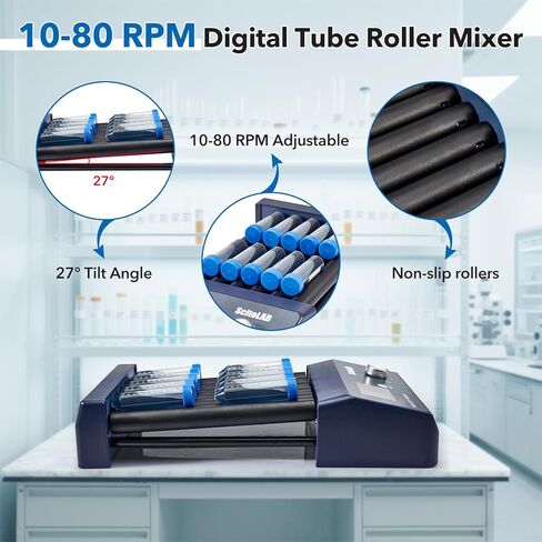 Tube Roller Mixer, 10-80 RPM, Digital Lab Mixer with Timer (1min-99h59min) & Continuous Mode, 27° Tilt Angle, for School Laboratory in Kuwait