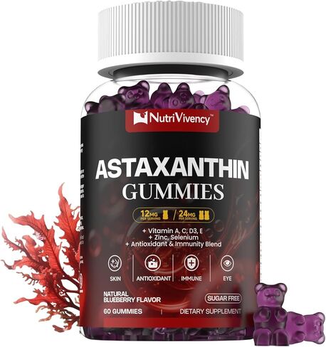 علكة أستازانتين، 12 ملغ لكل علكة 24 ملغ كحد أقصى، مكملات أستازانتين مع فيتامين أ/ج/د/ه، ريسفيراترول، مزيج مضادات الأكسدة 14 في 1 للنساء والرجال والبشرة والعينين ودعم المناعة، خالي من السكر، نباتي، 60 قيراط in Kuwait