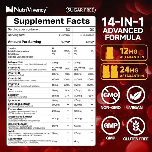 علكة أستازانتين، 12 ملغ لكل علكة 24 ملغ كحد أقصى، مكملات أستازانتين مع فيتامين أ/ج/د/ه، ريسفيراترول، مزيج مضادات الأكسدة 14 في 1 للنساء والرجال والبشرة والعينين ودعم المناعة، خالي من السكر، نباتي، 60 قيراط in Kuwait