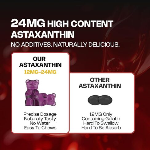 علكة أستازانتين، 12 ملغ لكل علكة 24 ملغ كحد أقصى، مكملات أستازانتين مع فيتامين أ/ج/د/ه، ريسفيراترول، مزيج مضادات الأكسدة 14 في 1 للنساء والرجال والبشرة والعينين ودعم المناعة، خالي من السكر، نباتي، 60 قيراط in Kuwait