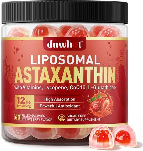Liposomal Astaxanthin Gummies, Organic Astaxanthin 12mg Supplements with Lycopene, Glutathione for Powerful Antioxidant, Plus Vitamins & CoQ10 for Eye, Skin & Immune Health, Sugar Free, Vegan, 60 in Kuwait