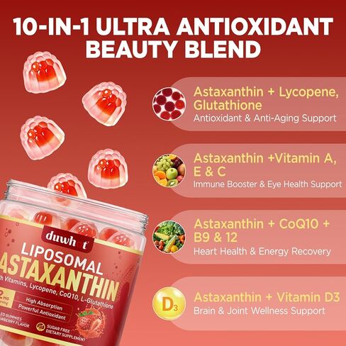 Liposomal Astaxanthin Gummies, Organic Astaxanthin 12mg Supplements with Lycopene, Glutathione for Powerful Antioxidant, Plus Vitamins & CoQ10 for Eye, Skin & Immune Health, Sugar Free, Vegan, 60 in Kuwait