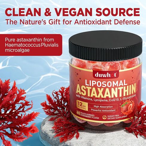 Liposomal Astaxanthin Gummies, Organic Astaxanthin 12mg Supplements with Lycopene, Glutathione for Powerful Antioxidant, Plus Vitamins & CoQ10 for Eye, Skin & Immune Health, Sugar Free, Vegan, 60 in Kuwait