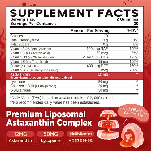 Liposomal Astaxanthin Gummies, Organic Astaxanthin 12mg Supplements with Lycopene, Glutathione for Powerful Antioxidant, Plus Vitamins & CoQ10 for Eye, Skin & Immune Health, Sugar Free, Vegan, 60 in Kuwait