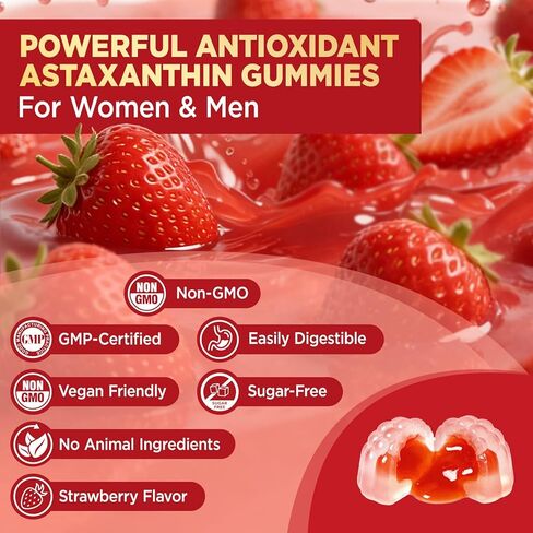 Liposomal Astaxanthin Gummies, Organic Astaxanthin 12mg Supplements with Lycopene, Glutathione for Powerful Antioxidant, Plus Vitamins & CoQ10 for Eye, Skin & Immune Health, Sugar Free, Vegan, 60 in Kuwait