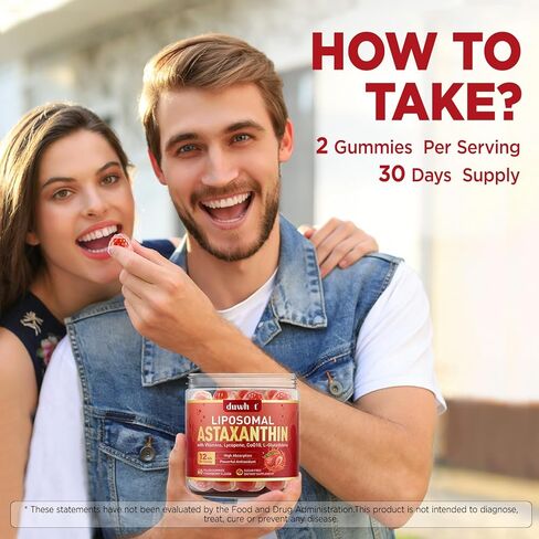 Liposomal Astaxanthin Gummies, Organic Astaxanthin 12mg Supplements with Lycopene, Glutathione for Powerful Antioxidant, Plus Vitamins & CoQ10 for Eye, Skin & Immune Health, Sugar Free, Vegan, 60 in Kuwait