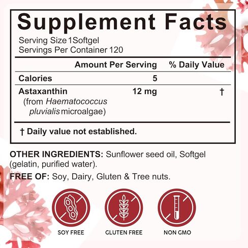 أستازانتين 12 ملجم، 120 كبسولة هلامية - كمية تكفي لمدة 4 أشهر، يدعم صحة الجلد والمفاصل والعينين in Kuwait