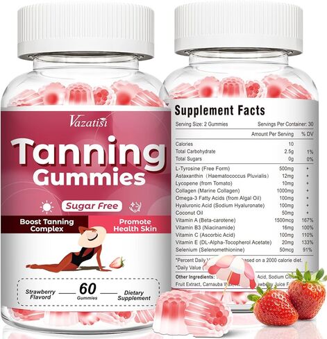 علكة تسمير البشرة خالية من السكر للنساء، تدعم البشرة المتألقة والصحية، وقوة إضافية مع أستازانتين الليكوبين وبيتا كاروتين والفيتامينات - تدعم تسمير البشرة بشكل أسرع، بنكهة الفراولة، 60 قطعة in Kuwait