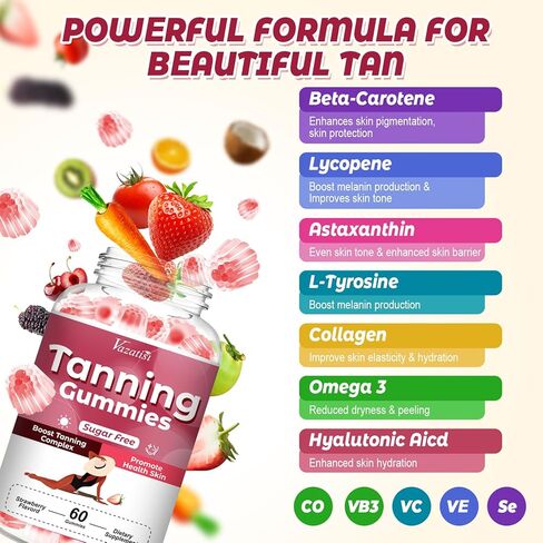 علكة تسمير البشرة خالية من السكر للنساء، تدعم البشرة المتألقة والصحية، وقوة إضافية مع أستازانتين الليكوبين وبيتا كاروتين والفيتامينات - تدعم تسمير البشرة بشكل أسرع، بنكهة الفراولة، 60 قطعة in Kuwait