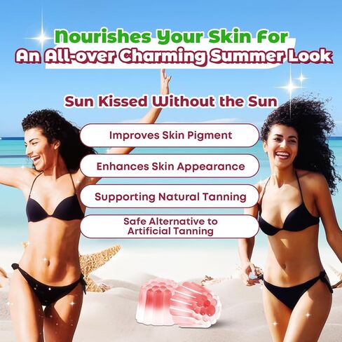 علكة تسمير البشرة خالية من السكر للنساء، تدعم البشرة المتألقة والصحية، وقوة إضافية مع أستازانتين الليكوبين وبيتا كاروتين والفيتامينات - تدعم تسمير البشرة بشكل أسرع، بنكهة الفراولة، 60 قطعة in Kuwait