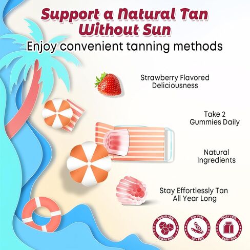 علكة تسمير البشرة خالية من السكر للنساء، تدعم البشرة المتألقة والصحية، وقوة إضافية مع أستازانتين الليكوبين وبيتا كاروتين والفيتامينات - تدعم تسمير البشرة بشكل أسرع، بنكهة الفراولة، 60 قطعة in Kuwait