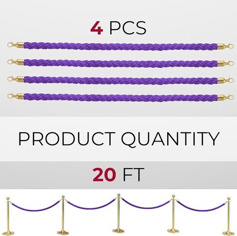 4PCS Braided Purple Rope – 5FT Rope Twisted Barrier Cord with Gold Hooks VIP Set Crowd Control Stanchion for Event Decor and Party Stanchion Posts in Saudi Arabia